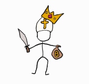A priest with a crown, holding a sword and a bag of Bitcoin.